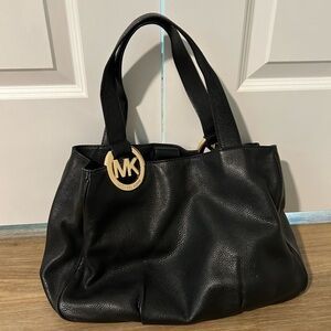 Michael Kors Black Pebbled Leather Tote with Gold MK Pendant